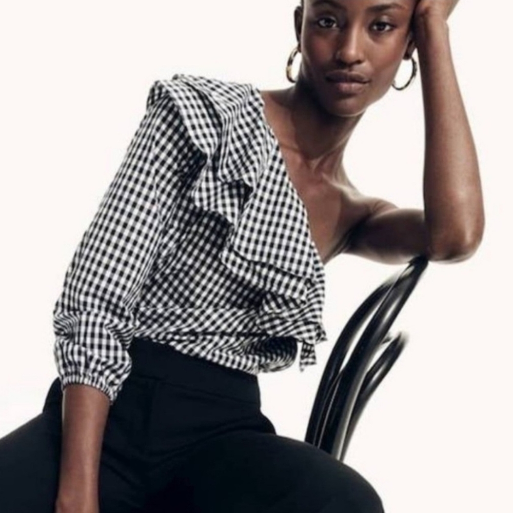 J. Crew Assymetrical Checkered Ruffle Top - Picture 10 of 10